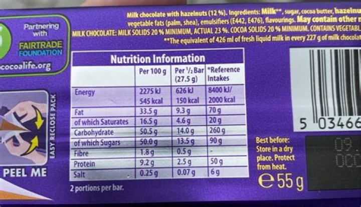 How many grams of sugar are in a Dairy Milk chocolate bar?